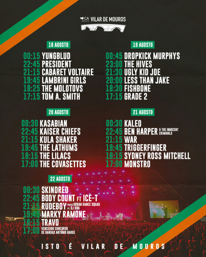 The Molotovs, Tom A. Smith, The Lilacs, The Covasettes, Sydney Ross Mitchell, Rudeboy Plays Urban Dance Squad ft. DJ DNA, MONSTRO, Travo, CA Vilar de Mouros, CA Vilar de Mouros 2026, Festival, Deus Me Livro, Horários,